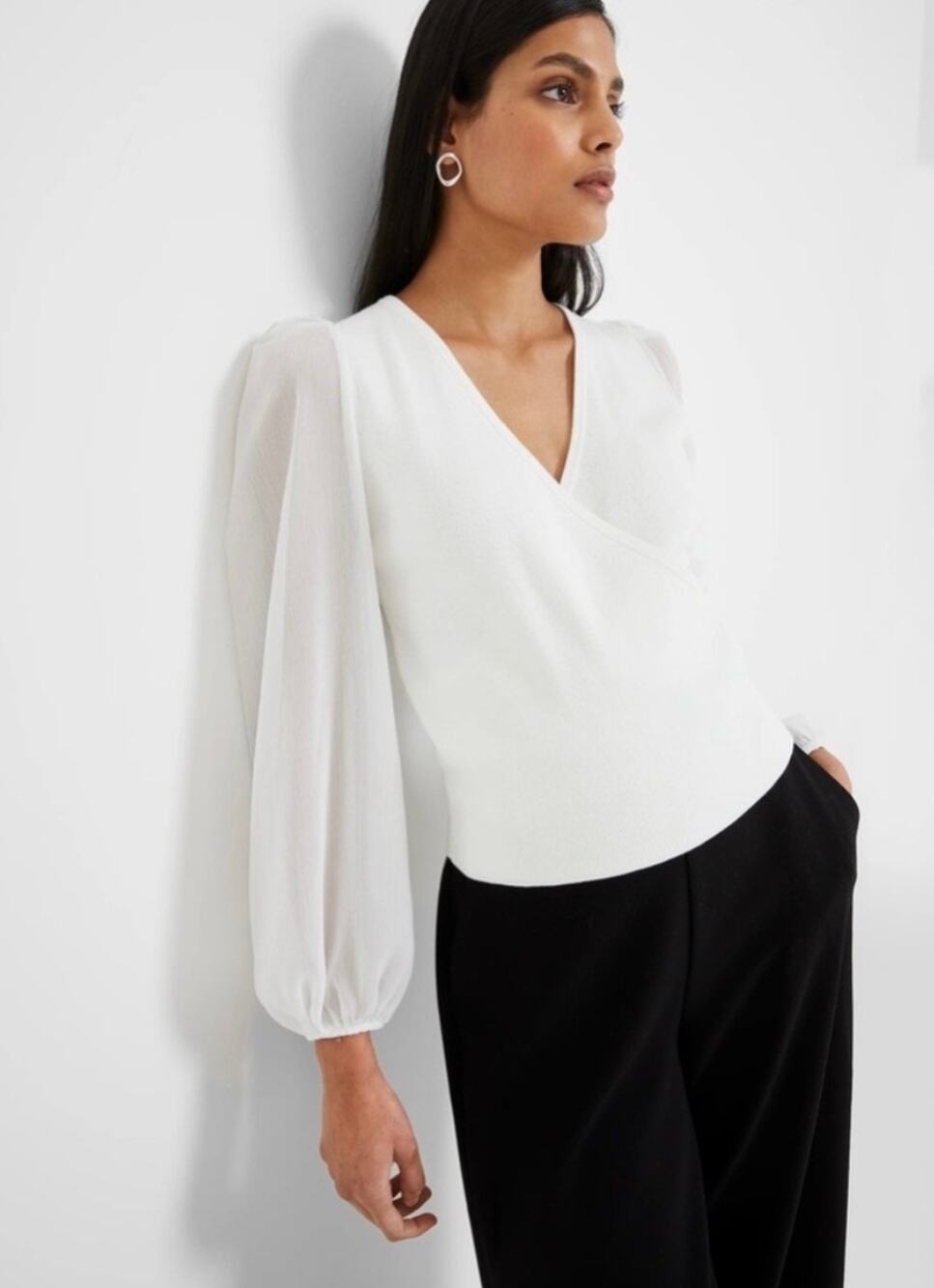 French Connection Mozart Melody White Wrap Sweater Small Sheer Balloon Sleeve